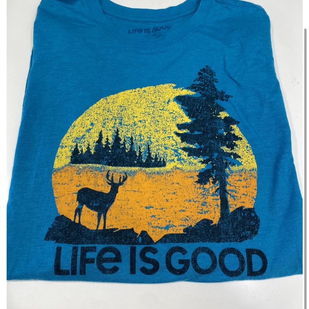 NWOT mens Life is Good cool tee long sleeve blue deer camping large